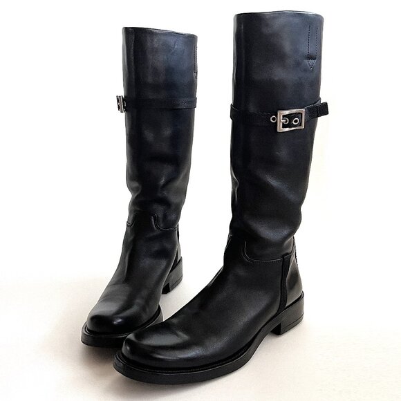 PRADA Black Leather Pull-on Tall Lug Sole Boots with Buckle, Size 37 (US 7) - Picture 3 of 13